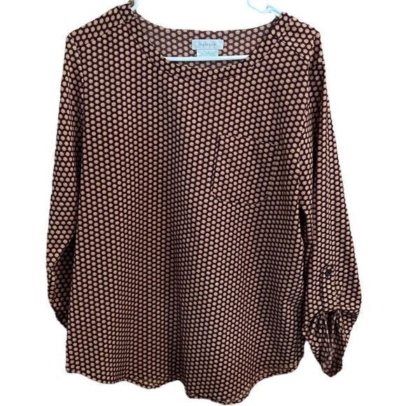 Van Heusen Blouse‎ Top Roll Tab Sleeve Chest Pocket Pullover Floral Brown Large - Picture 1 of 5